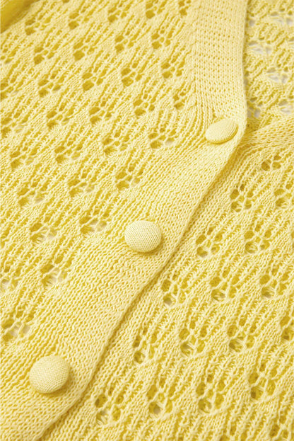 Yellow Pointelle Knit V Neck Sweater Cardigan - Chic Meadow Boutique 