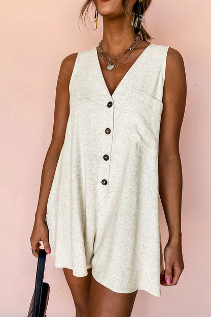 Beige Sleeveless V Neck Buttoned Front Chest Pocket Romper - Chic Meadow Boutique 