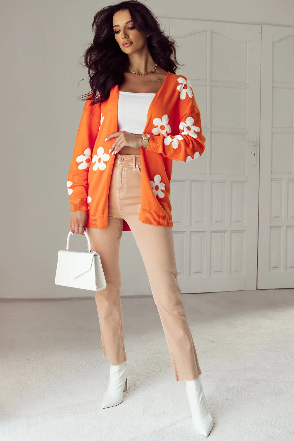 Orange Floral Print Knitted Open Front Loose Cardigan - Chic Meadow Boutique 