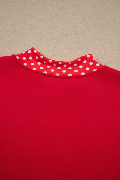 Tomato Red Polka Dot Letter Print Contrast Trim Mock Neck Sweatshirt