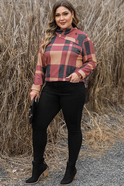 Plus Size/Plus Size Tops/Plus Size Long Sleeve Tops Mineral Red Plus Size Plaid Print Button Decor Asymmetric Neck Top