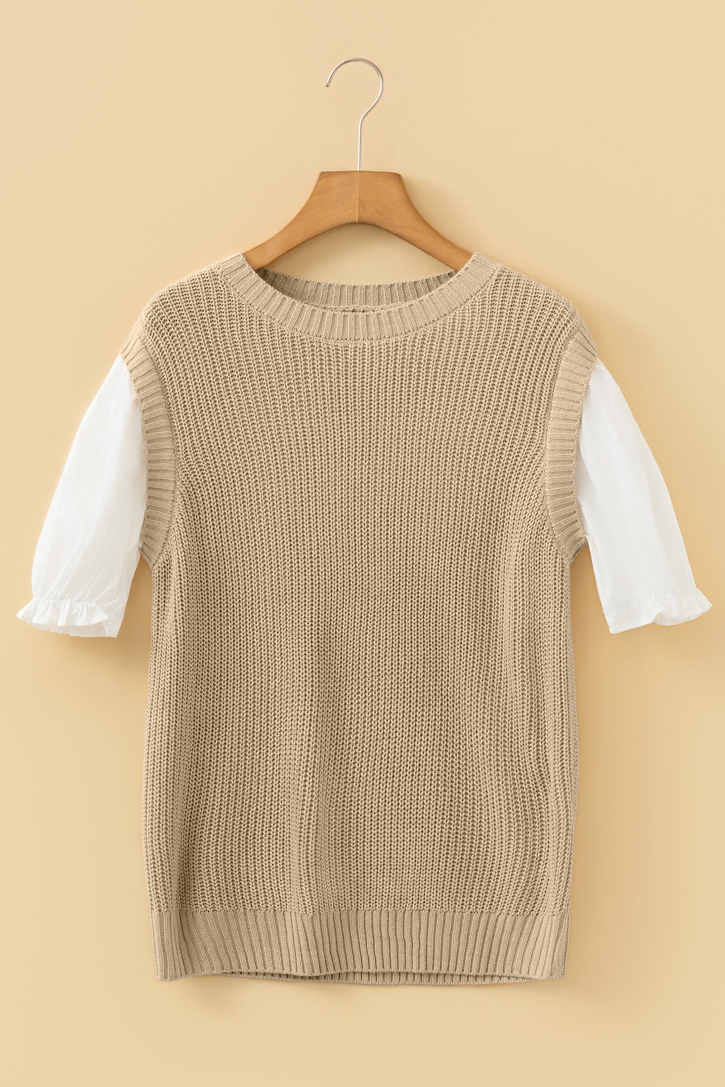 Light French Beige Round Neck Knit Contrast Short Sleeve Patchwork Sweater Top