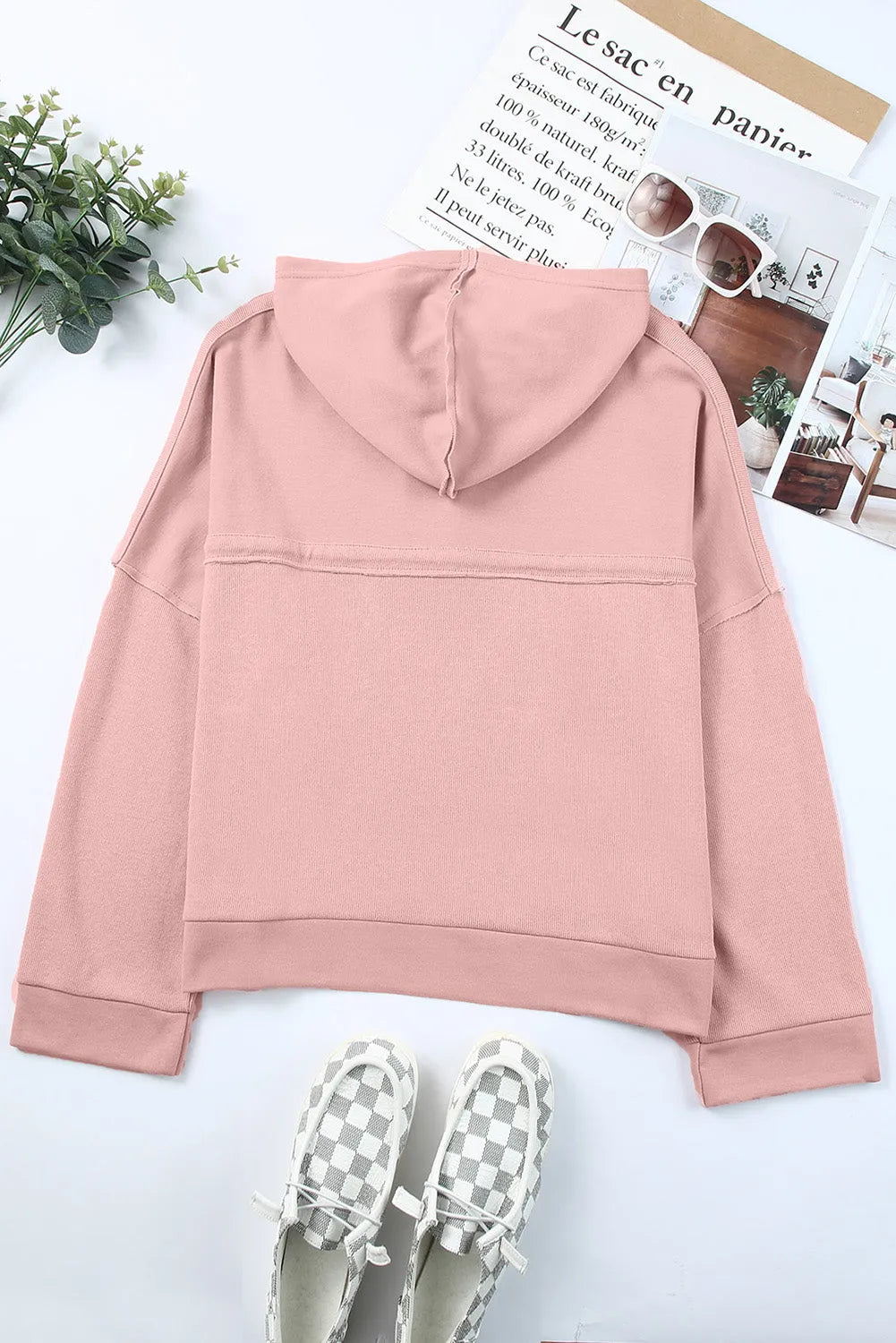 Pink Casual Button Solid Patchwork Trim Hoodie - Chic Meadow Boutique 