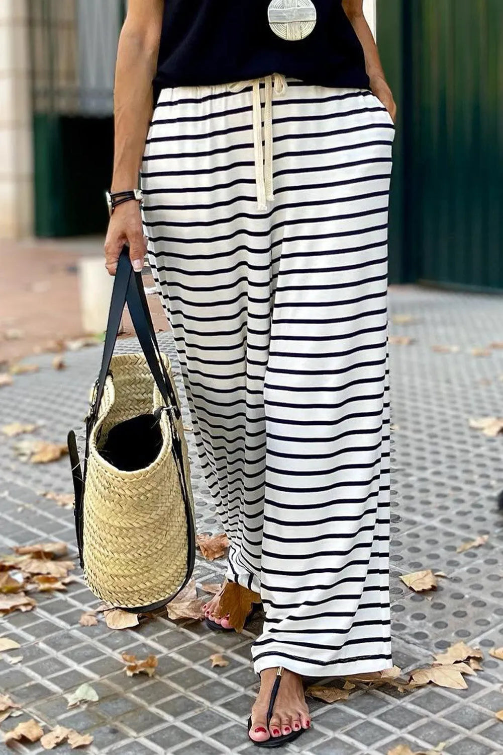 White Drawstring Striped Wide Leg Pants - Chic Meadow Boutique 