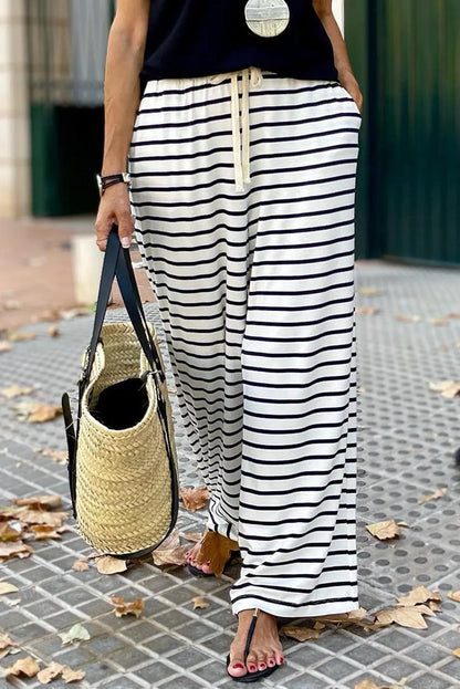 White Drawstring Striped Wide Leg Pants - Chic Meadow Boutique 