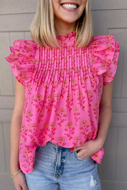 Rose Red Floral Print Pleated Ruffled Flutter Sleeve Blouse - Chic Meadow Boutique 