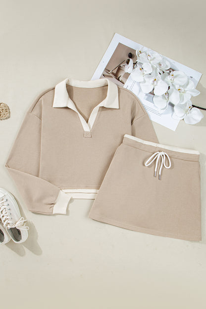 Parchment Raw Edge Detail Colorblock Patchwork Cropped Pullover Drawstring Skirt Set