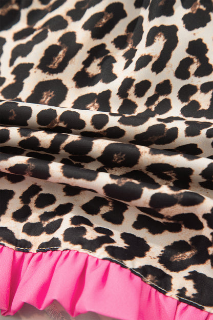 Khaki Leopard Print Contrast Ruffle Trim Shorts