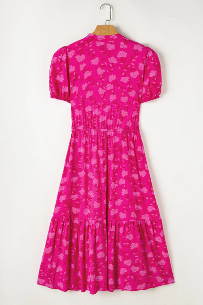 Rose Red Floral Print Pleated Drawstring Flowy Midi Dress - Chic Meadow Boutique 