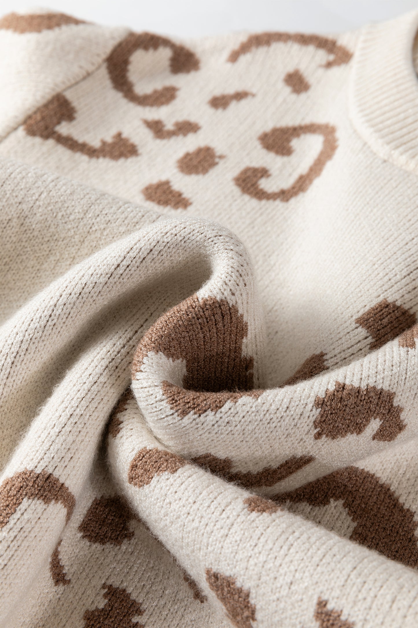 Beige Asymmetric Leopard Print Detail Drop Shoulder Sweater