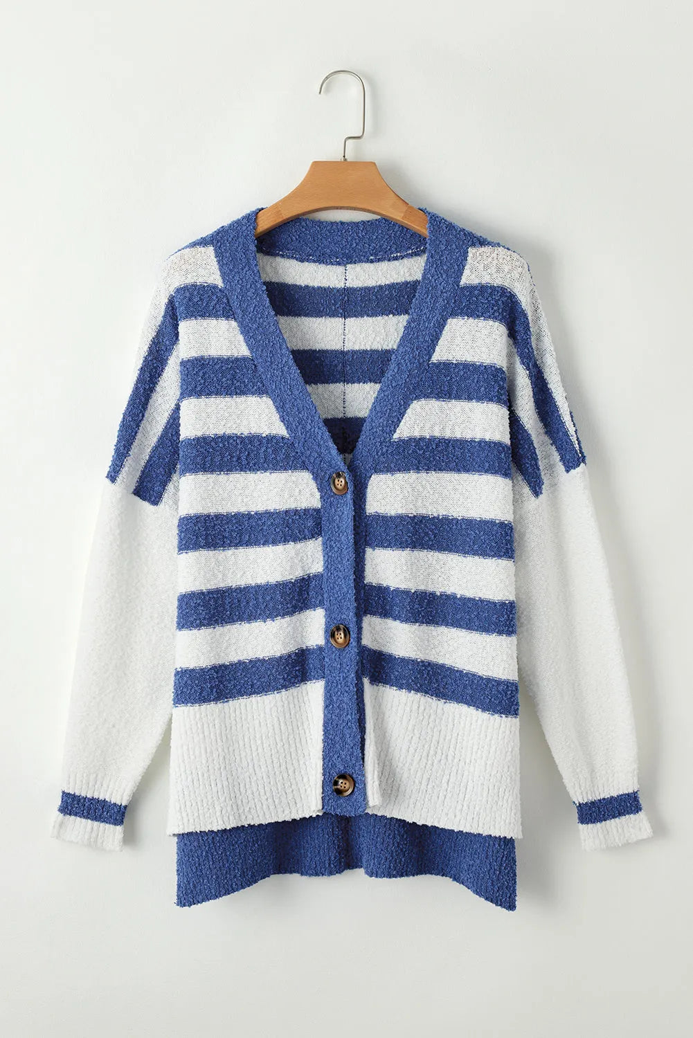 Blue Stripe V Neck Buttoned High Low Sweater Cardigan - Chic Meadow Boutique 