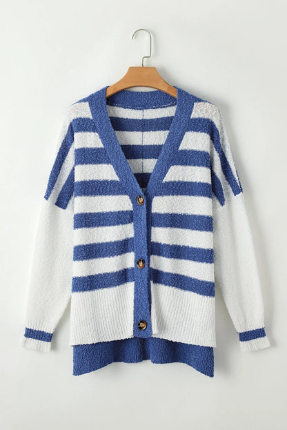 Blue Stripe V Neck Buttoned High Low Sweater Cardigan - Chic Meadow Boutique 