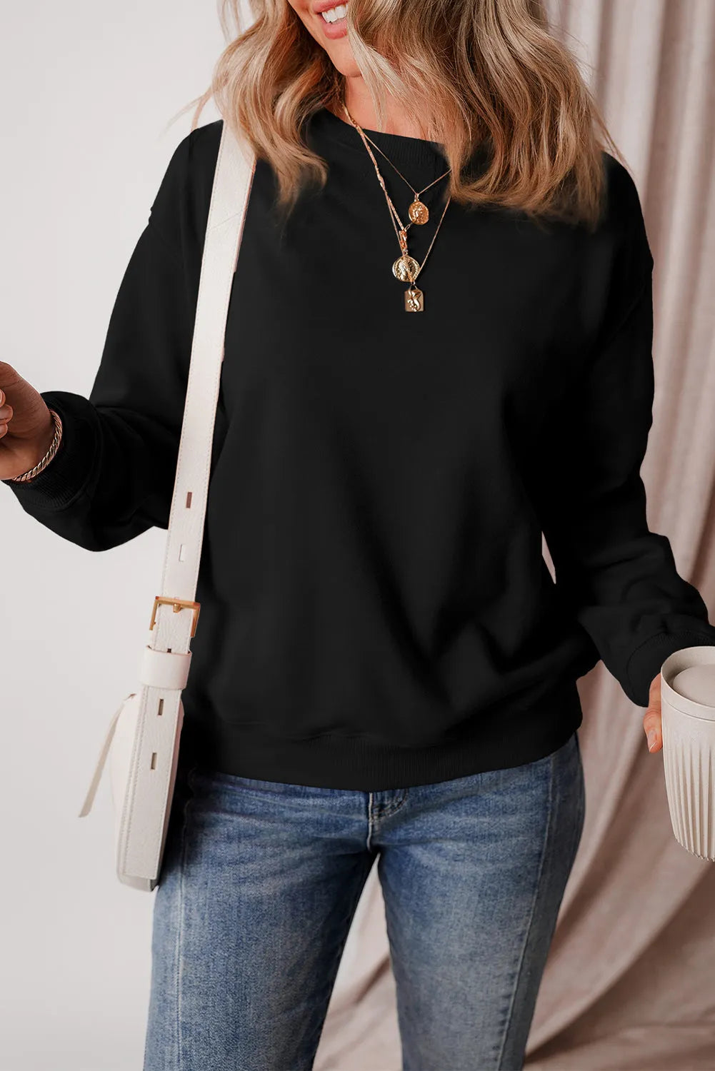 Black Solid Fleece Lined Drop Shoulder Terry Sweatshirt - Chic Meadow Boutique 