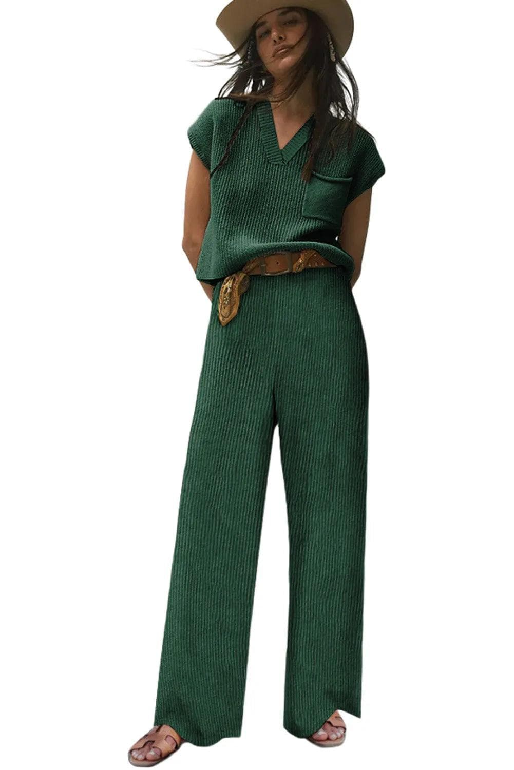 Two Piece Sets/Pant Sets Green Knitted V Neck Sweater and Casual Pants Set