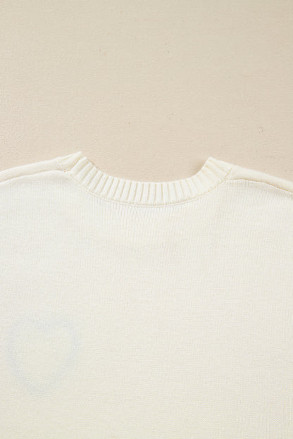 White Plaid Heart Embroidered Cuffed Drop Shoulder Crew Neck Sweater