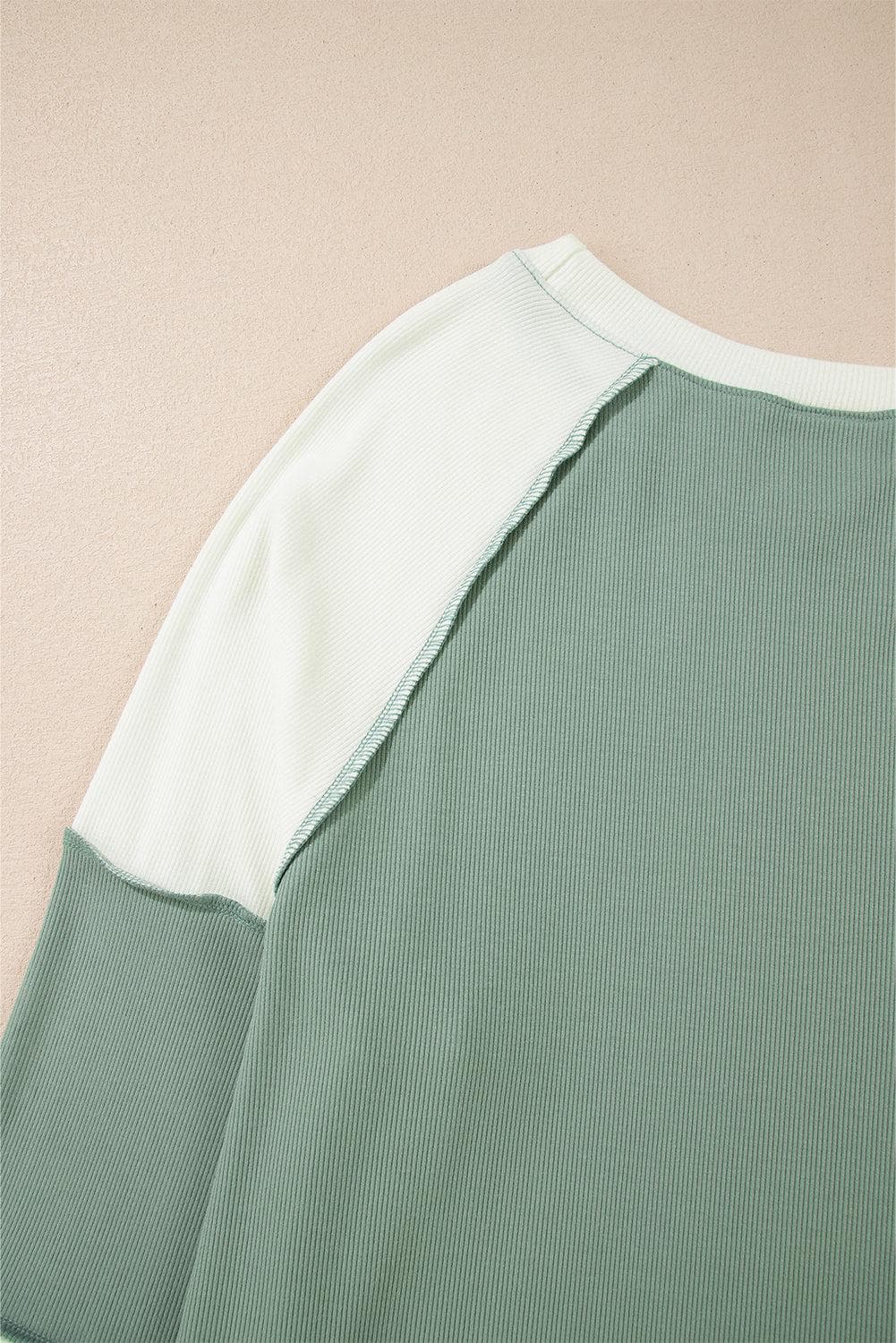 Tops/Long Sleeve Tops Mint Green Ribbed Colorblock Patchwork Raglan Long Sleeve Top