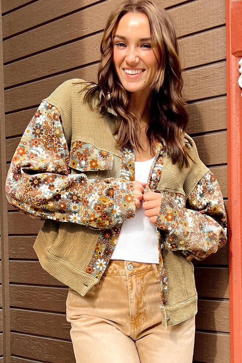 Outerwear/Jackets Khaki Waffle Knit Floral Print Patchwork Button up Jacket