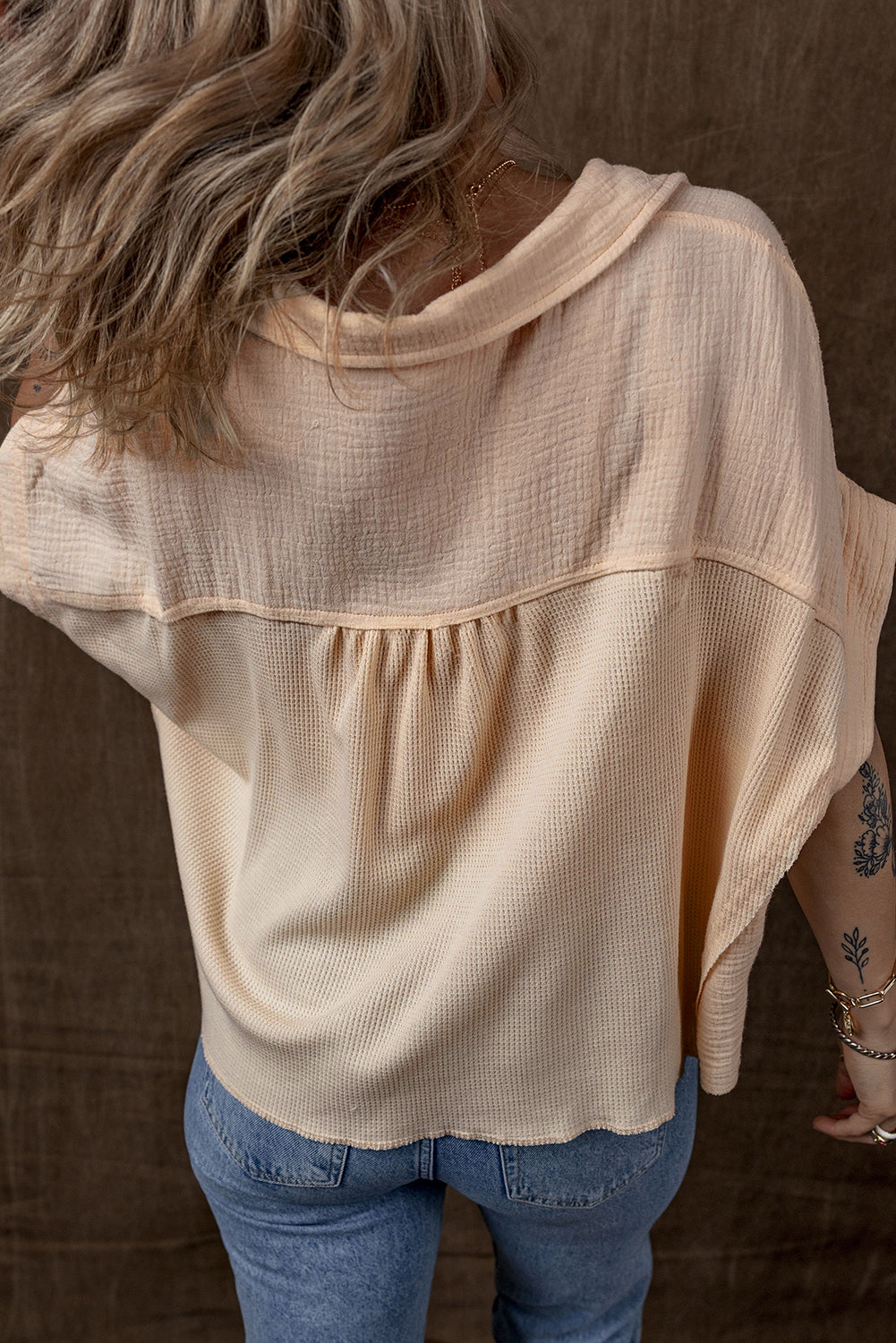 Beige Waffle Splicing Short Batwing Sleeve Flap Detail Shirt