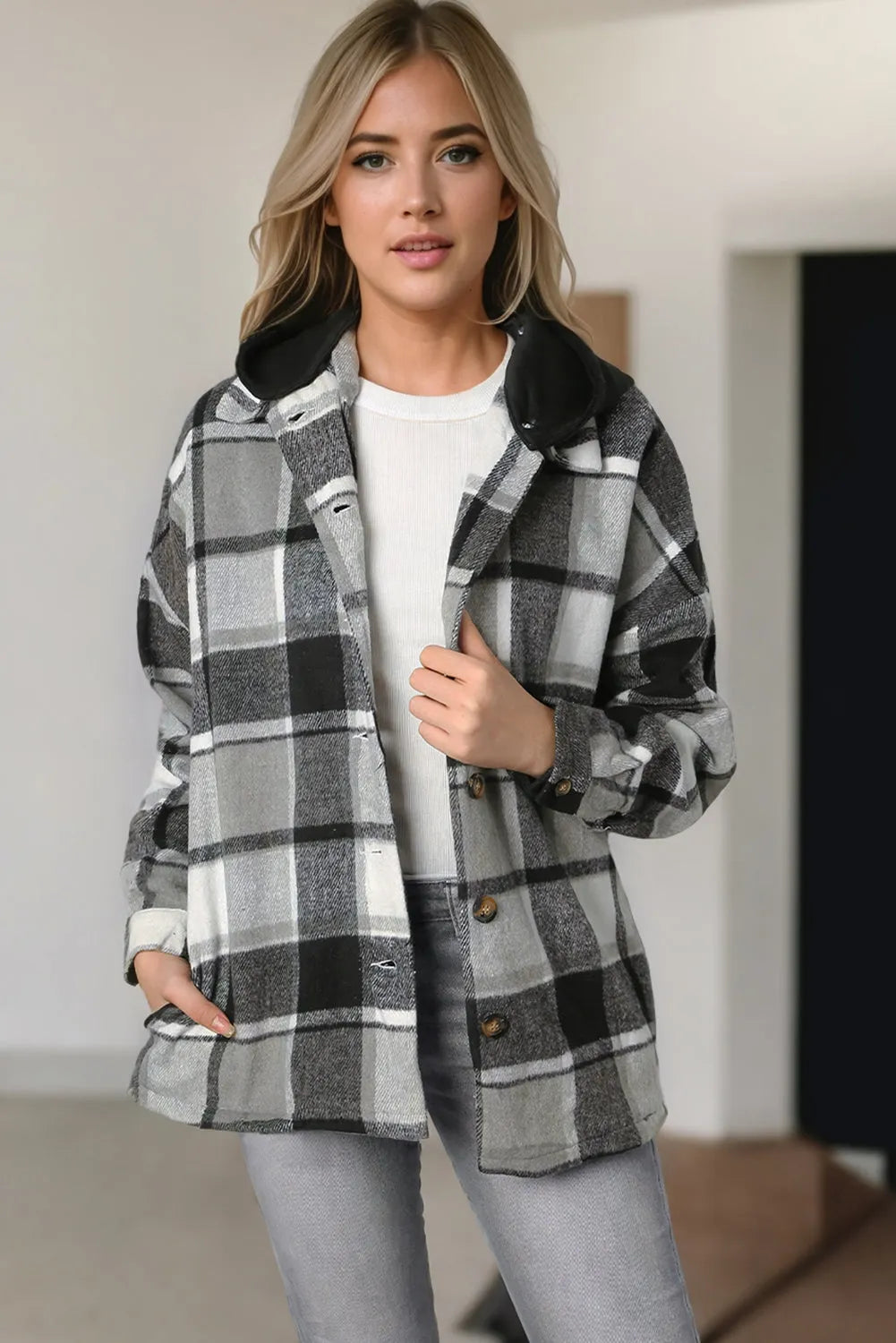 Gray Hooded Plaid Button Front Shacket - Chic Meadow Boutique 