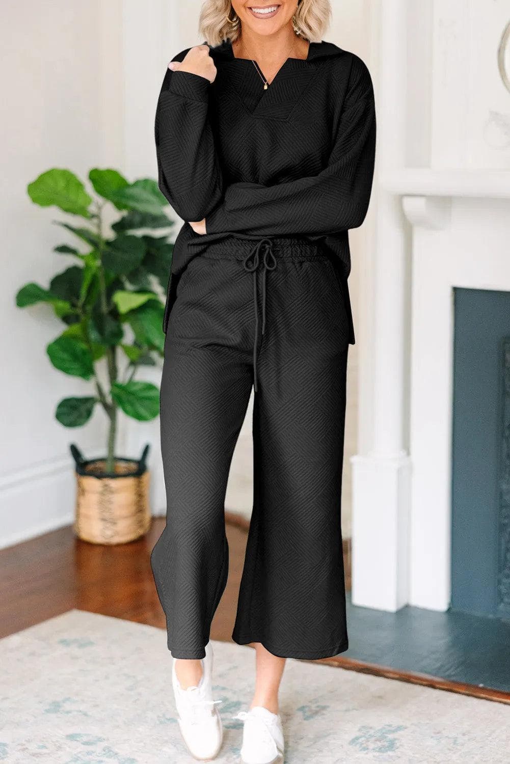 Two Piece Sets/Pant Sets Black Solid Textured Collared V Neck Top and Wide Leg Pants Set