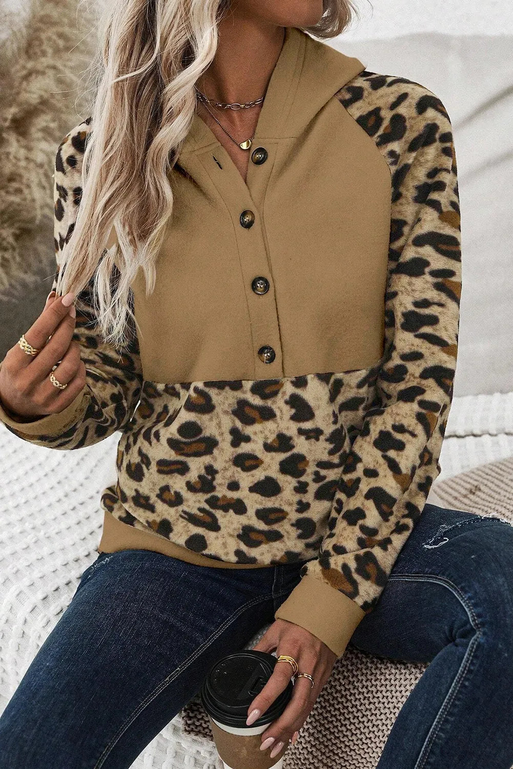 Light French Beige Leopard Print Patchwork Raglan Sleeve Half Buttons Hoodie - Chic Meadow Boutique 