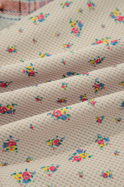 Ashleigh Blue Boho Floral Plaid Patchwork Distressed Detail Ruffled Sleeve Waffle Knit Shacket