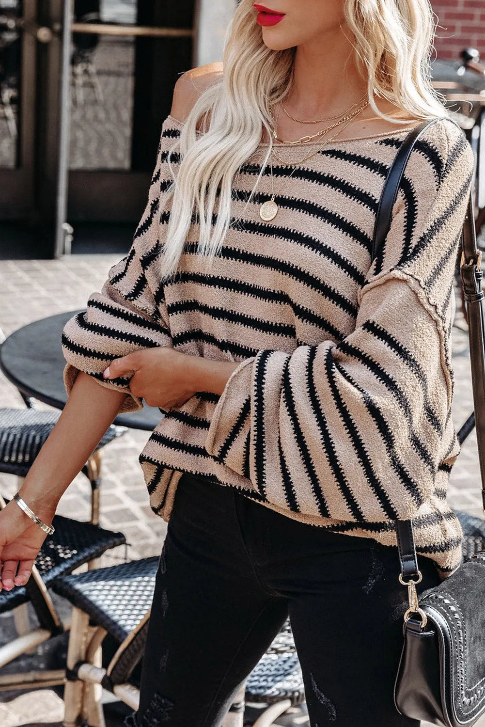 Striped Print Dropped Shoulder Loose Sleeve Sweater - Chic Meadow Boutique 