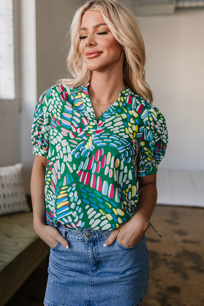 Green Brushwork Geometric Print Puff Sleeve Notched Neck Blouse