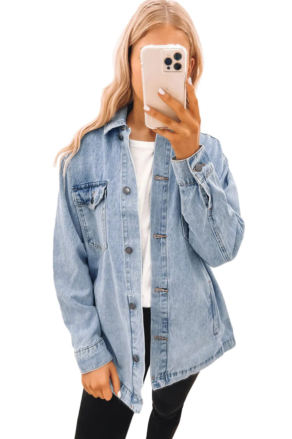 Sky Blue Acid Wash Flap Pocket Boyfriend Shacket - Chic Meadow Boutique 