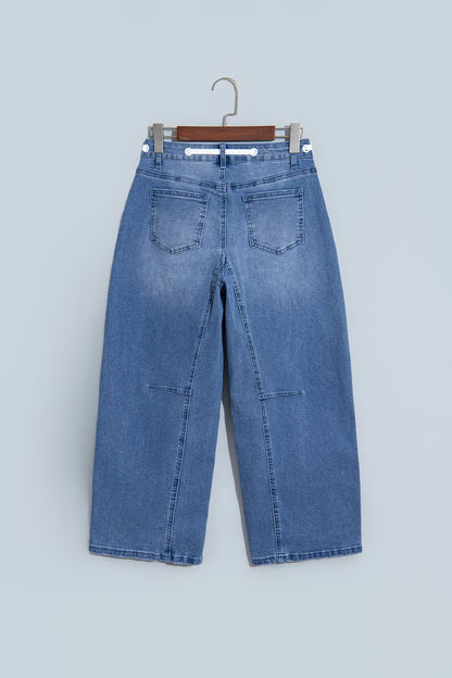 Beau Blue Solid Patchwork Grommet Tie Waist Loose Ankle-Length Jeans
