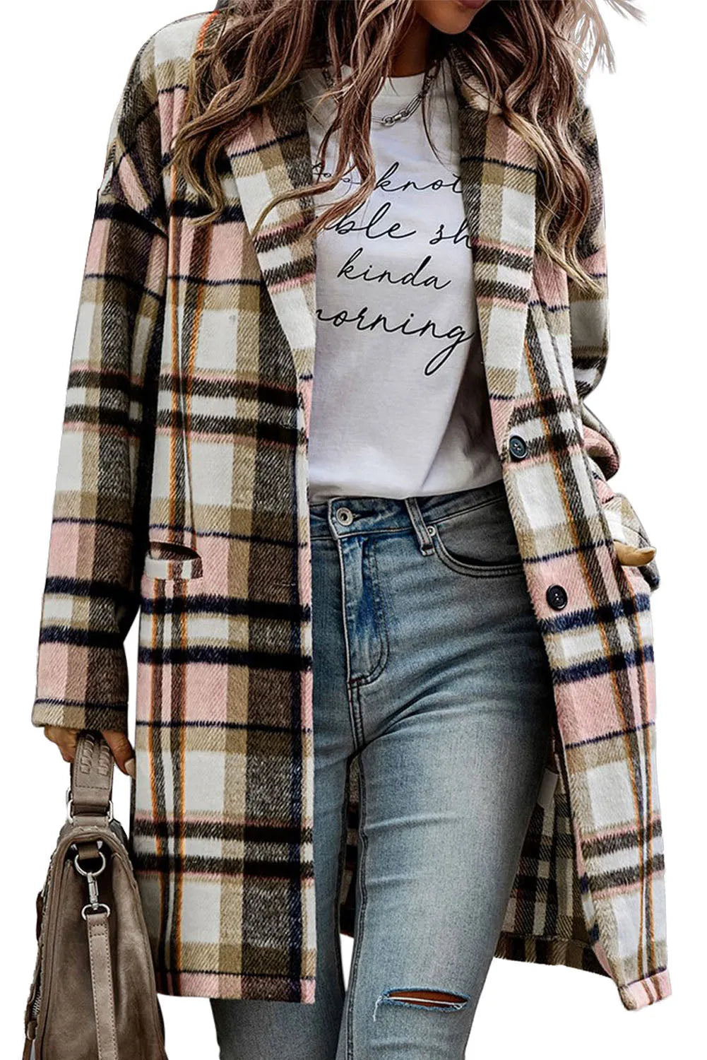 Pink Plaid Button Up Lapel Jacket - Chic Meadow Boutique 