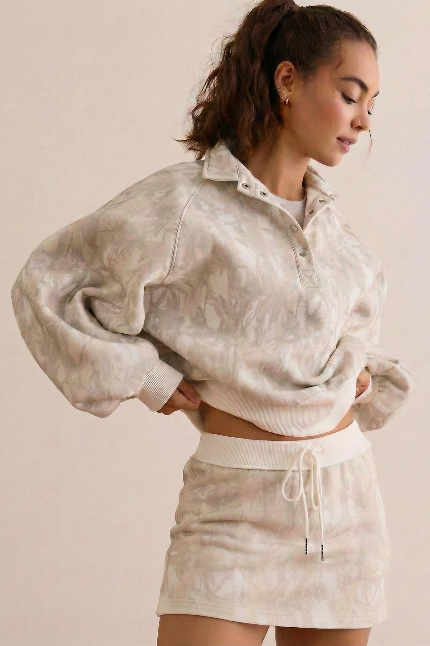 White Abstract Woodland Print Balloon Sleeve Pullover Drawstring Mini Skirt Set