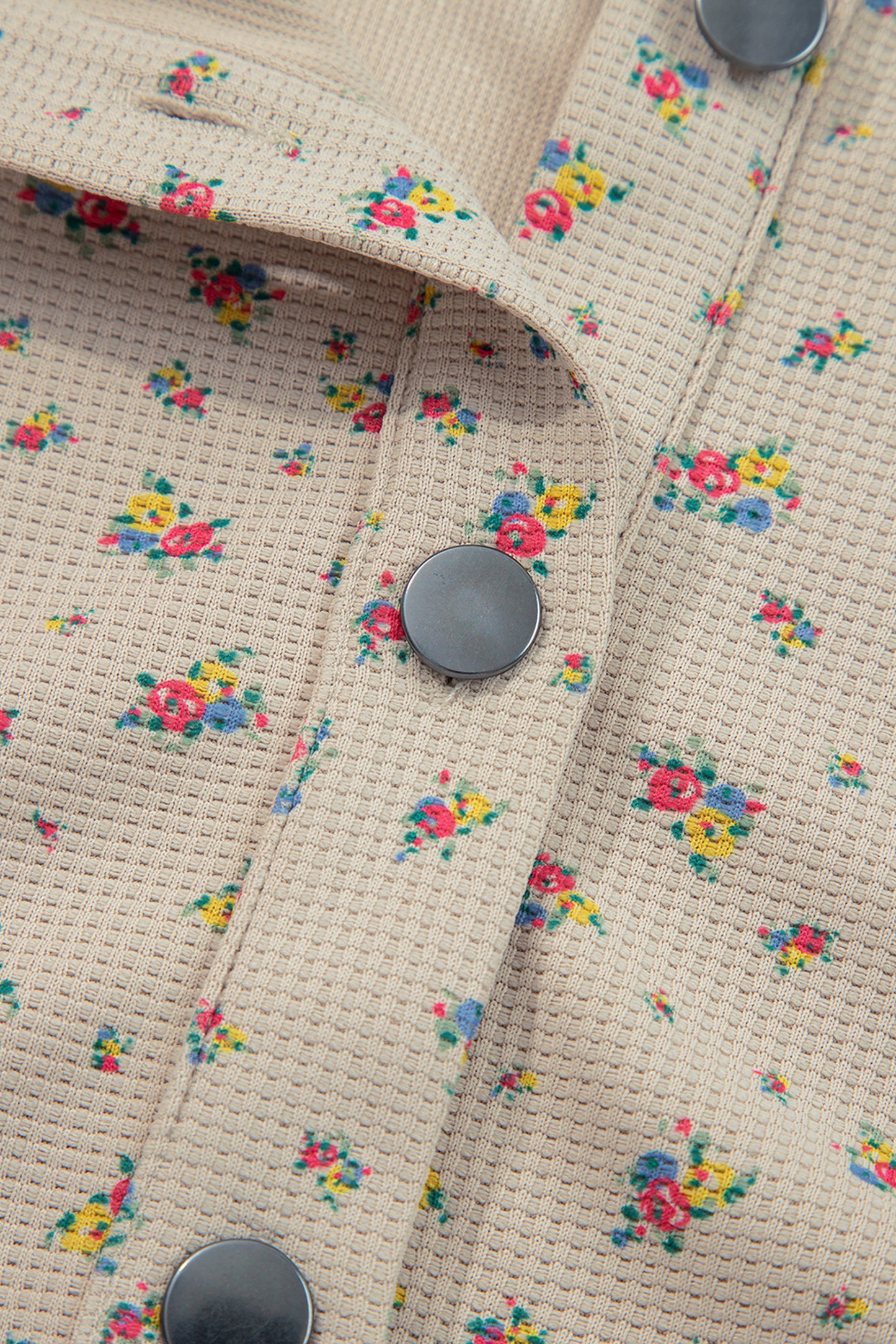 Ashleigh Blue Boho Floral Plaid Patchwork Distressed Detail Ruffled Sleeve Waffle Knit Shacket