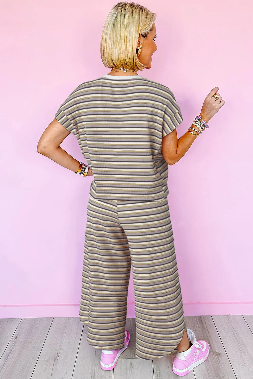 Black Stripe Rainbow Tee Tasseled String Wide Leg Pants Set - Chic Meadow Boutique 