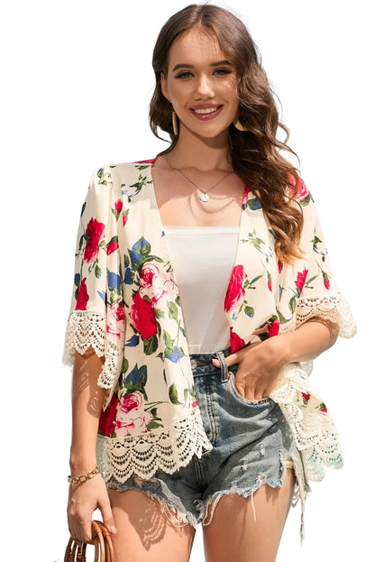 Beige Floral Print Scalloped Lace Splicing Kimono - Chic Meadow Boutique 