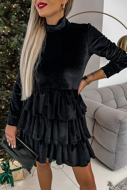 Black Velvet High Neck Tiered Ruffle Mini Dress - Chic Meadow Boutique 