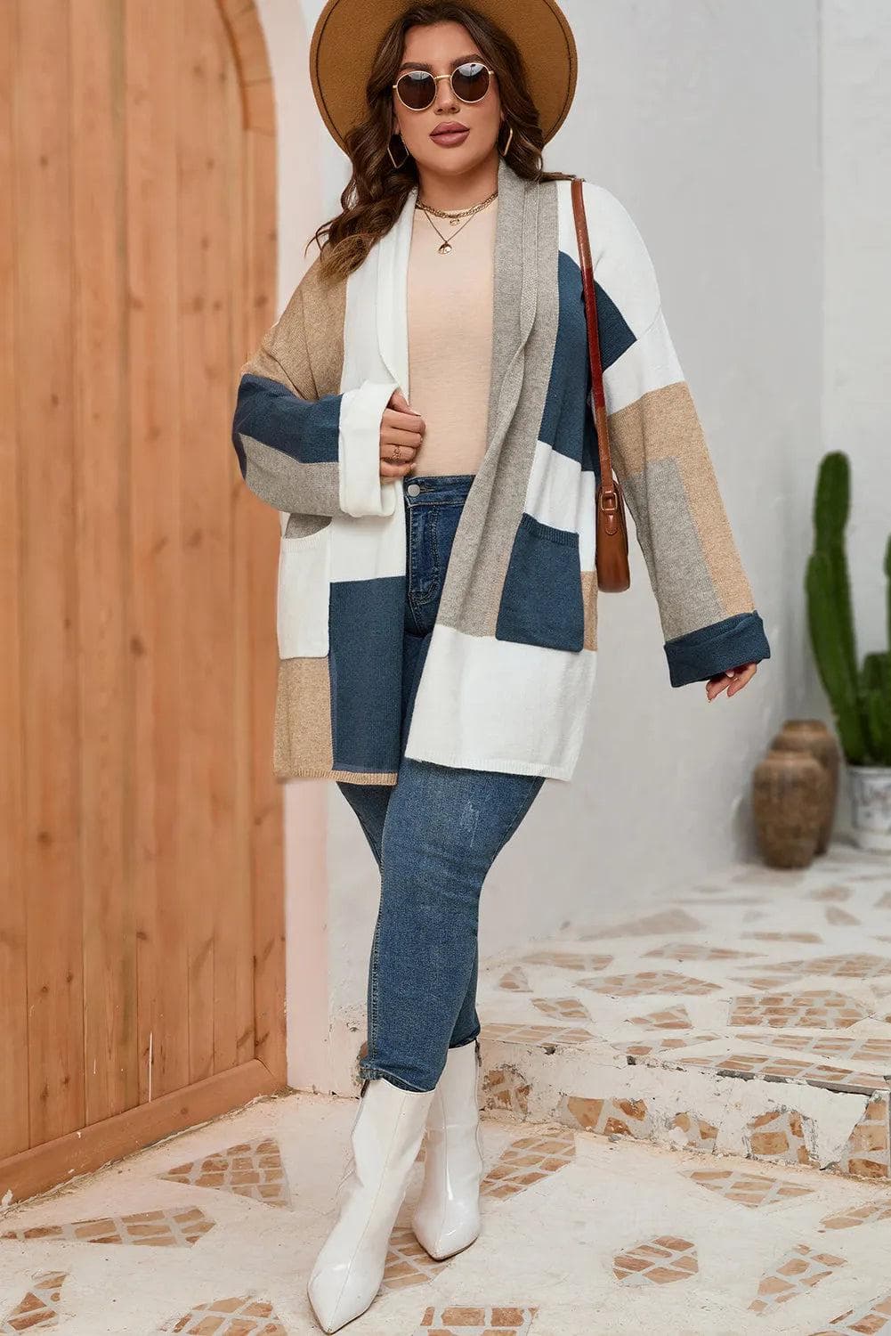 Plus Size/Plus Size Sweaters & Cardigans Multicolor Plus Size Colorblock Knit Cardigan