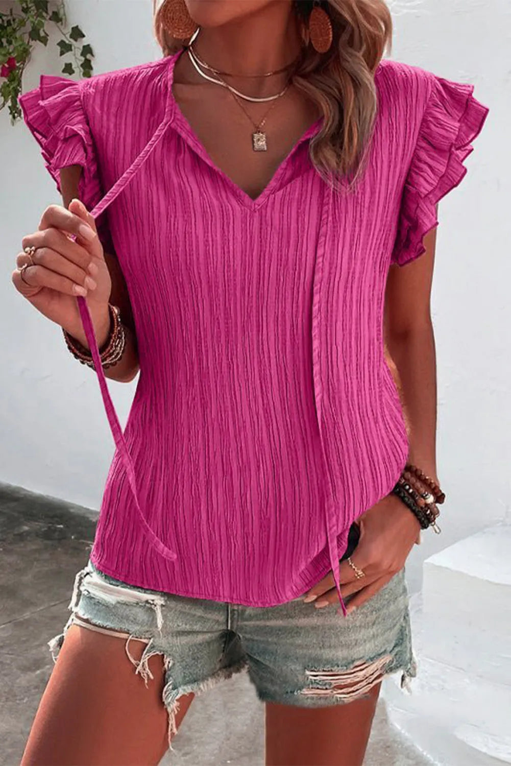 Rose Red Textured Ruffled Sleeve V Neck Top - Chic Meadow Boutique 