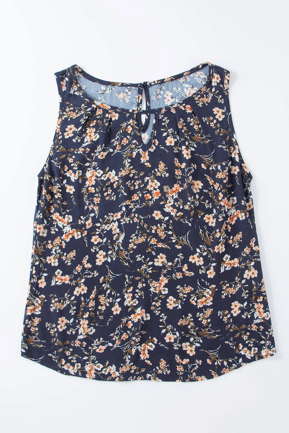 Blue Cutout Decor Round Neck Floral Tank Top - Chic Meadow Boutique 