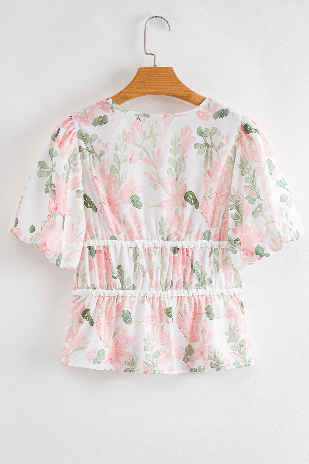 Pink Floral Puff Sleeve V Neck Tied Front Peplum Blouse