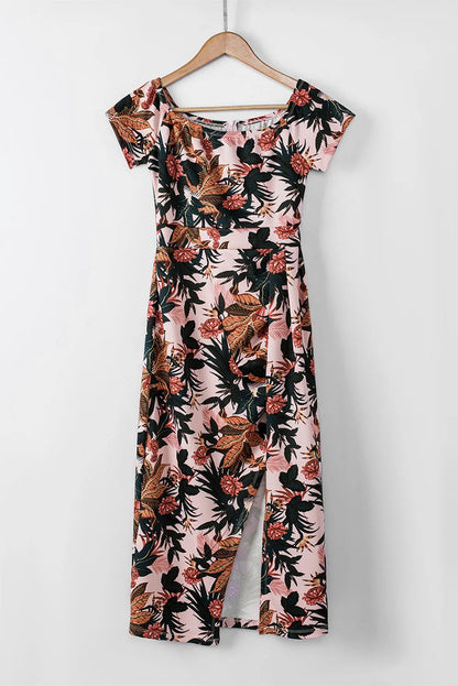 Pink Pattern Print Off Shoulder Slit Bodycon Midi Dress - Chic Meadow Boutique 