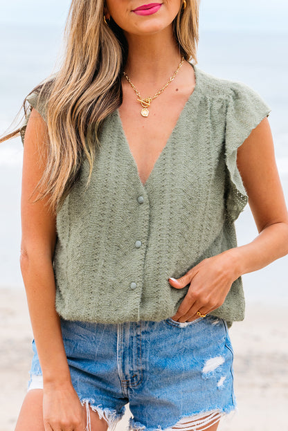Laurel Green Flutter Sleeve Lace V Neck Shirt