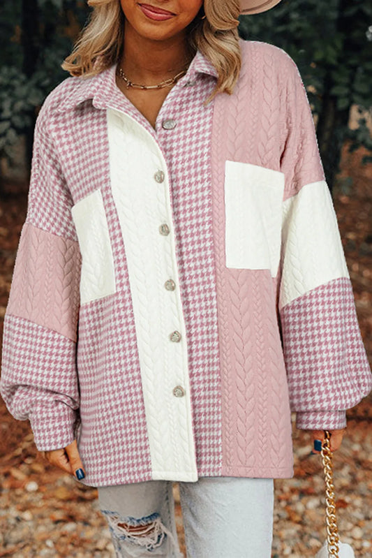 Pink Houndstooth Color Contrast Textured Patchwork Loose Shacket - Chic Meadow Boutique 