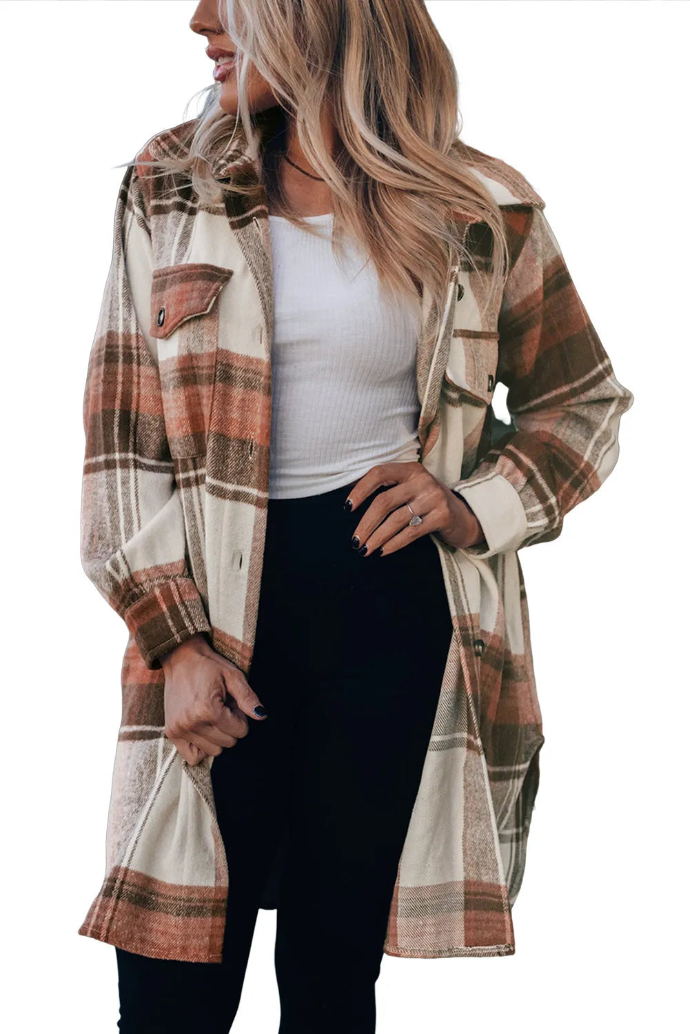 Brown Plaid Print Flap Pockets Long Shacket - Chic Meadow Boutique 