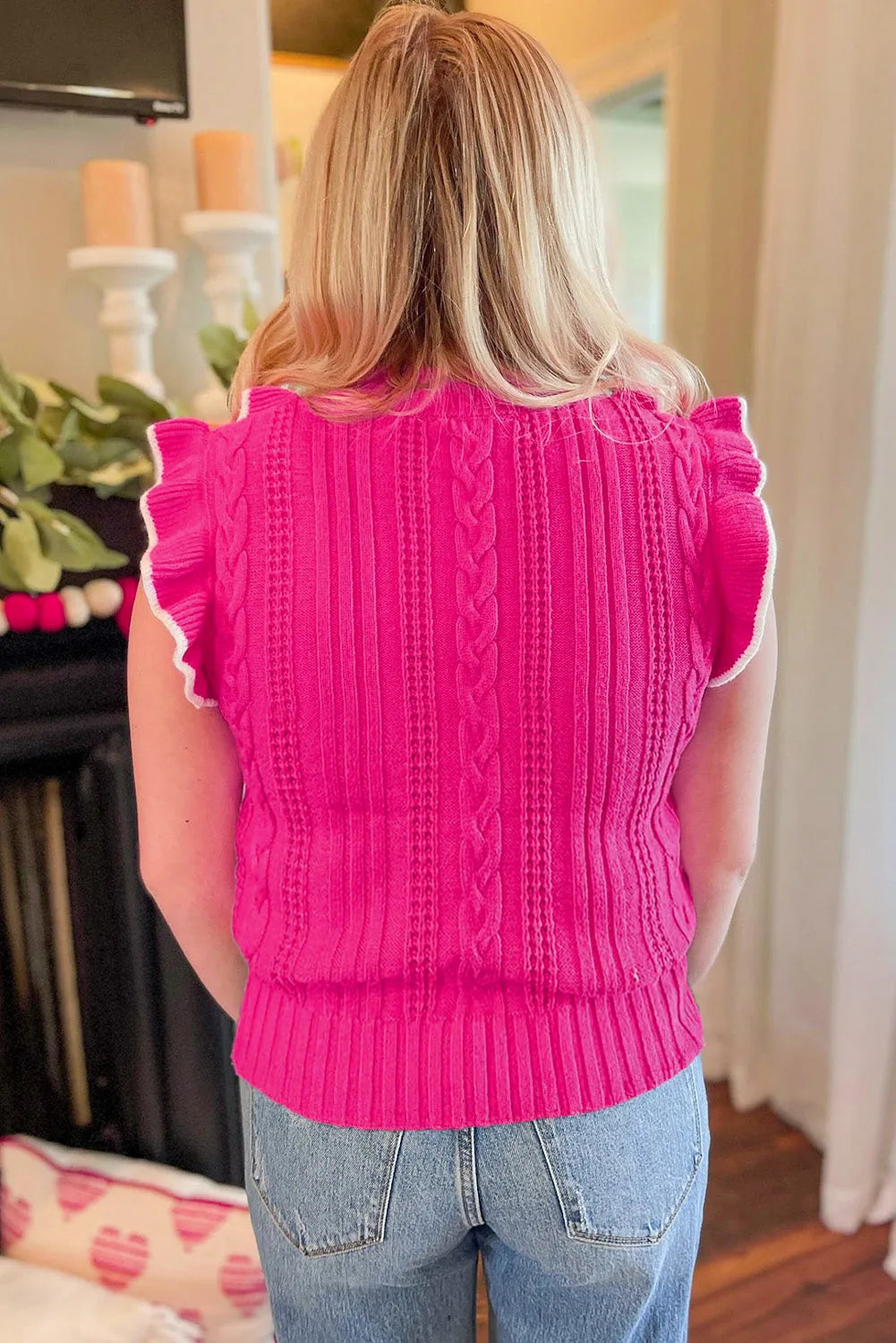 Strawberry Pink Textured Knit Ruffled Mock Neck Sweater Tank - Chic Meadow Boutique 