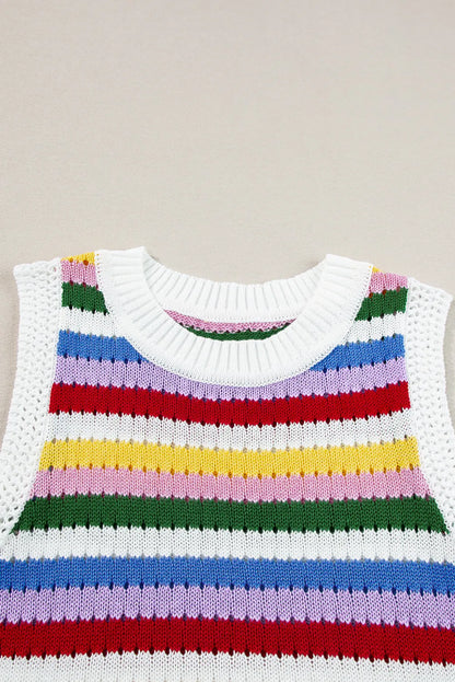 Multicolour Striped Knitted Eyelet Slim Sweater Vest - Chic Meadow Boutique 