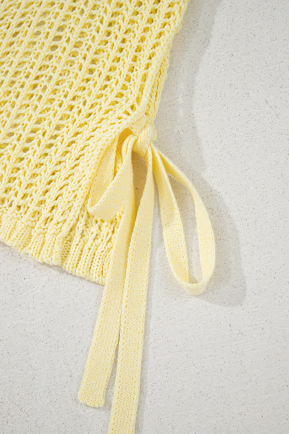 Yellow Cream Hollow-out Crochet Side Tied Short Sleeve Sweater