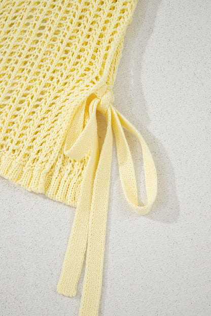 Yellow Cream Hollow-out Crochet Side Tied Short Sleeve Sweater