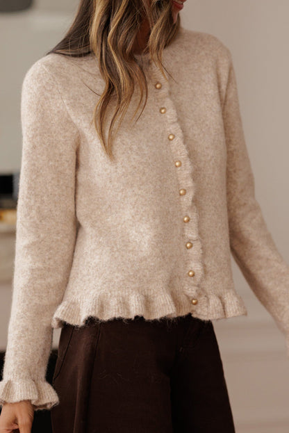 Oatmeal Ruffle Trim Gold Button Sweater Cardigan