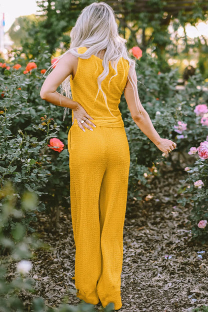 Yellow Crinkled U Neck Tank Top and Wide Leg Pants Set - Chic Meadow Boutique 